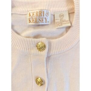 Vtg KERRI KELSEY Cardigan Sweater S Pastel Blush Pink Gold Buttons Hong Kong